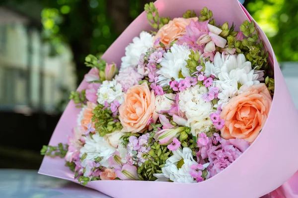 Beautiful Pastel Bouquet Fresh Fragrant Flowers Made Florist Cute Birthday — Stock Photo, Image