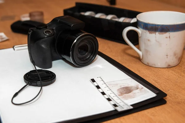 Set Devices Taking Fingerprints Objects Crime Scene Forensic Medical Examination — Stock Photo, Image