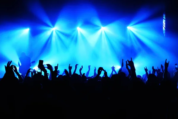 Silhueta de um músico no palco e multidão em um concerto — Fotografia de Stock