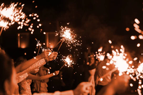 Festive Burning Bright Sparklers Hands Guests Party New Year Wedding Stock Image