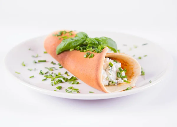 Pancake Cottage Cheese Chives Decorated Basil — Stock Photo, Image