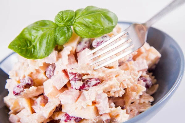 Pasta Salad Cheese Ham Kidney Beans Mayonnaise Eaten Fork — Stock Photo, Image