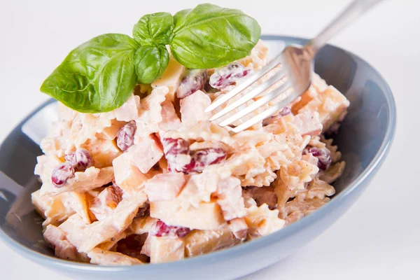 Pasta Salad Cheese Ham Kidney Beans Mayonnaise Eaten Fork — Stock Photo, Image