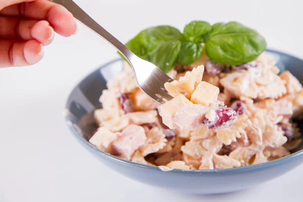 Pasta Salad Cheese Ham Kidney Beans Mayonnaise Eaten Fork — Stock Photo, Image