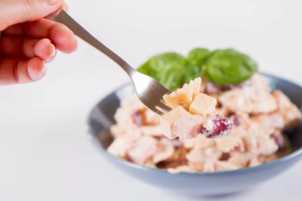 Pasta Salad Cheese Ham Kidney Beans Mayonnaise Eaten Fork — Stock Photo, Image