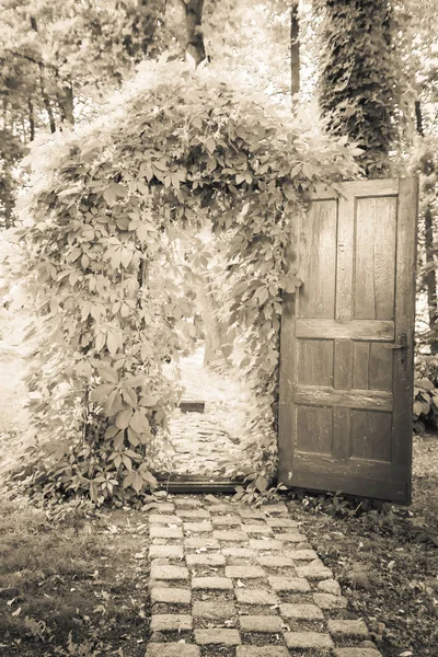 Kırmızı Bir Kapı Ile Bir Bahçede Yeşil Kemer — Stok fotoğraf