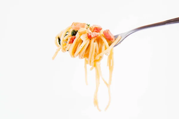 Spaghetti Carbonara Some Parsley Fork White Background — Stock Photo, Image