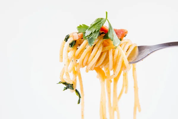 Spaghetti Carbonara Some Parsley Fork White Background — Stock Photo, Image