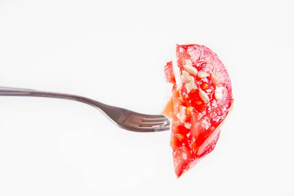 Caprese Salad Tomato Mozzarella Fork White Background — Stock Photo, Image