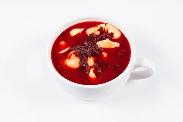 Traditional Polish Christmas Eve Dish Red Borscht Uszka Mushroom Filled — Stock Photo, Image