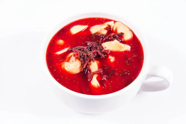 Traditional Polish Christmas Eve Dish Red Borscht Uszka Mushroom Filled — Stock Photo, Image
