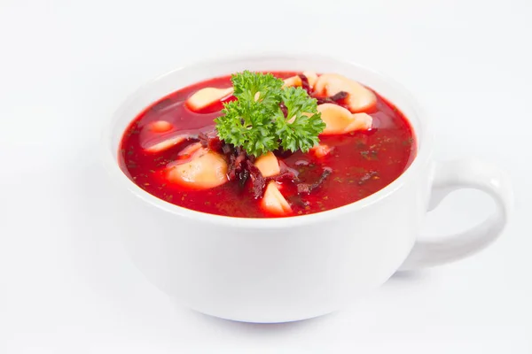 Traditional Polish Christmas Eve Dish Red Borscht Uszka Mushroom Filled — Stock Photo, Image