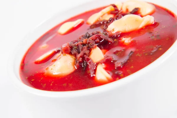 Traditional Polish Christmas Eve Dish Red Borscht Uszka Mushroom Filled — Stock Photo, Image