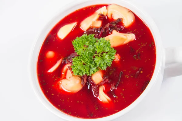 Polesan Tradisional Hidangan Malam Natal Borscht Merah Dengan Uszka Sebuah — Stok Foto