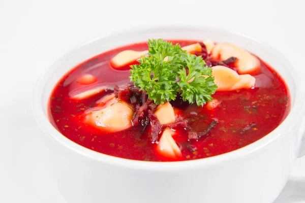 Plato Tradicional Nochebuena Polaco Borscht Rojo Con Uszka Tipo Bollo — Foto de Stock