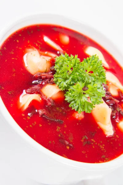 Traditional Polish Christmas Eve Dish Red Borscht Uszka Mushroom Filled — Stock Photo, Image