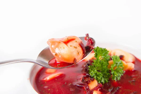 Traditional Polish Christmas Eve Dish Red Borscht Uszko Mushroom Filled — Stock Photo, Image