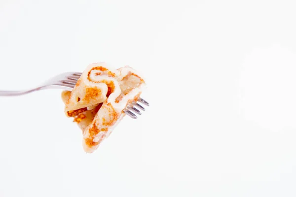 Pancakes Stuffed Braised Apples Sprinkled Cinnamon Fork — Stock Photo, Image