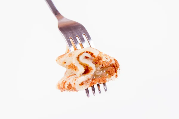 Pancakes Stuffed Braised Apples Sprinkled Cinnamon Fork — Stock Photo, Image