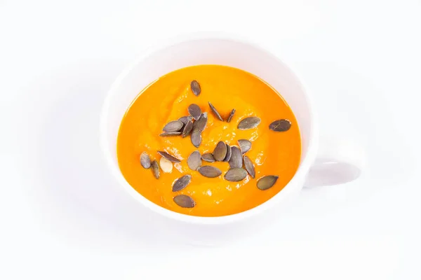 Pumpkin Soup Decorated Pumpkin Seeds Bowl White Background — Stock Photo, Image