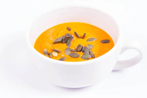 Pumpkin Soup Decorated Pumpkin Seeds Bowl White Background — Stock Photo, Image