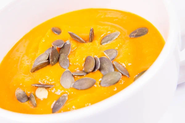 Pumpkin Soup Decorated Pumpkin Seeds Bowl White Background — Stock Photo, Image