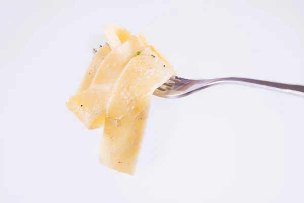 Pappardelle Carbonara Fork White Background — Stock Photo, Image