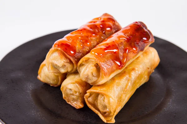 Chinese Traditional Spring Rolls Sweet Sour Sauce Black Plate — Stock Photo, Image