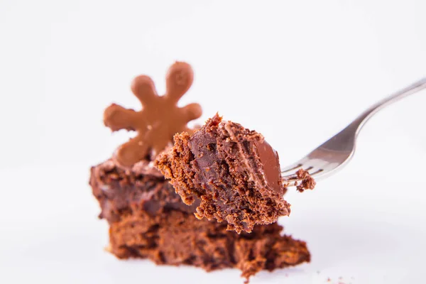 Chocolate Cake Eaten Fork White Background — Stock Photo, Image