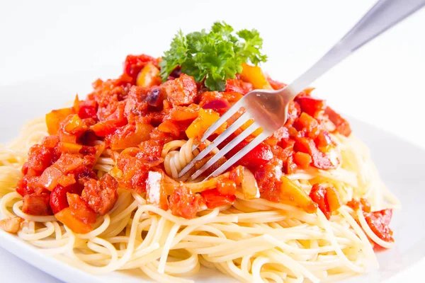 Spaghettis Sauce Décorée Persil Mangé Fourchette Sur Fond Blanc — Photo