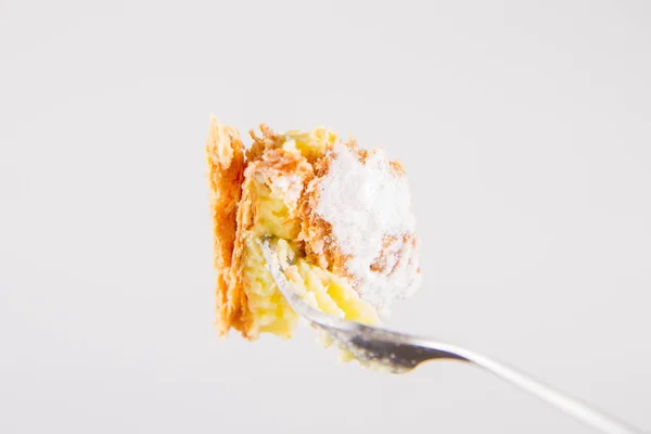 Napoleonka Cake Polish Type Cream Pie Sprinkled Powdered Sugar Fork — Stock Photo, Image