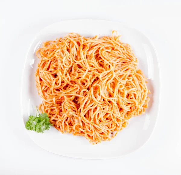 Spaghetti Pesto Décoré Persil Sur Une Assiette Sur Fond Blanc — Photo