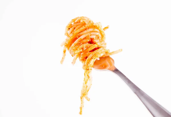 Spaghetti Pesto Rosso Fork White Background — Stock Photo, Image