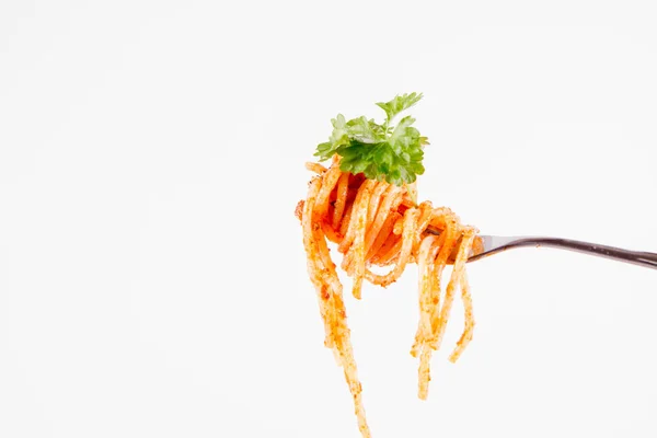 Spaghetti Met Pesto Rosso Een Vork Versierd Met Peterselie Een — Stockfoto