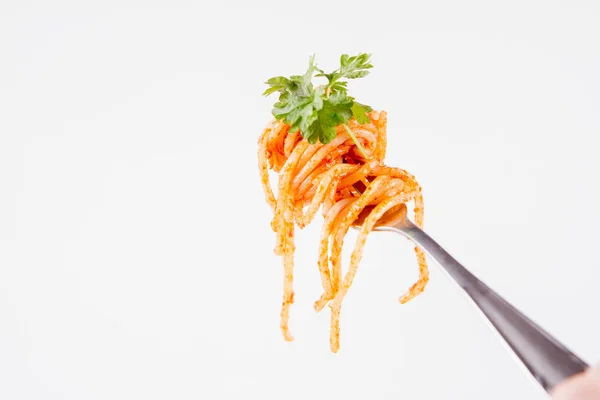 Spaghetti Med Pesto Rosso Gaffel Dekorerad Med Persilja Vit Bakgrund — Stockfoto