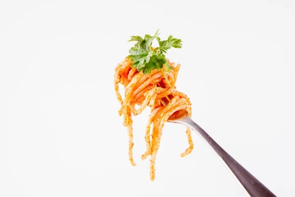 Spaghetti Pesto Rosso Fork Decorated Parsley White Background — Stock Photo, Image