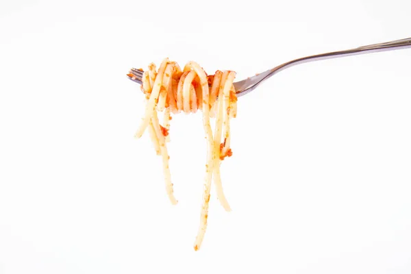 Spaghetti Bolognese Een Vork Een Witte Achtergrond — Stockfoto