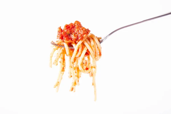Spaghetti Bolognese Auf Einer Gabel Auf Weißem Hintergrund — Stockfoto