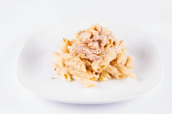 Pasta Penne White Cream Sauce Bacon Plate — Stock Photo, Image
