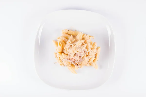 Pasta Penne White Cream Sauce Bacon Plate — Stock Photo, Image