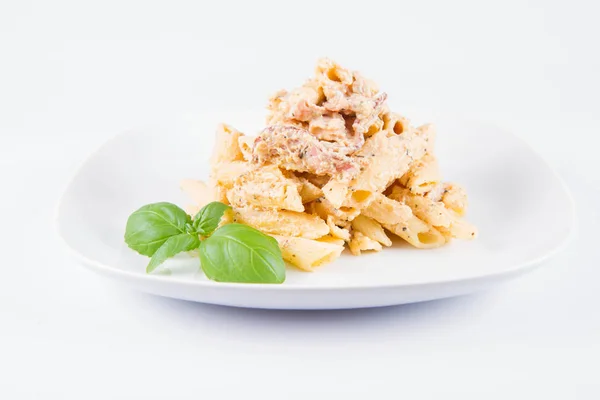 Pasta Penne White Cream Sauce Bacon Plate Decorated Fresh Basil — Stock Photo, Image