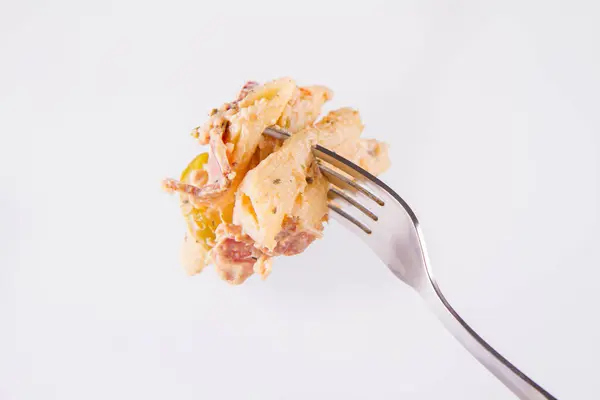 Pasta Penne White Cream Sauce Bacon Jalapeo Peppers Fork — Stock Photo, Image