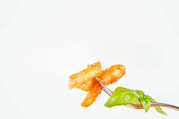 Penne Pesto Rosso Sun Dried Tomatoes Decorated Basil Eaten Fork — Stock Photo, Image