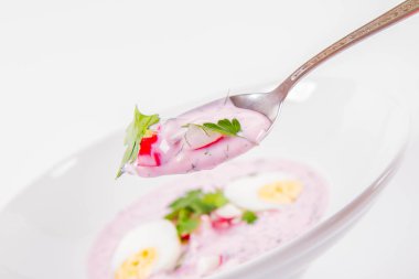 Soğuk borş (chlodnik) - geleneksel Litvanya soğuk çorbası turp, maydanoz ve kaşık ile dereotu