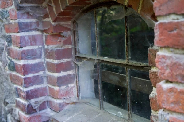 Window Old Brick Buiding Visible Spiderwebs — Stock Photo, Image