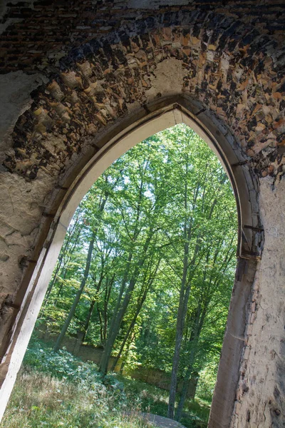 古代のアーチ窓から見た公園 — ストック写真