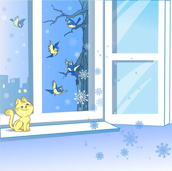 Ilustración Vectorial Muestra Una Ventana Abierta Invierno Los Copos Nieve — Vector de stock