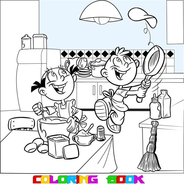 Ilustracja Wektorowa Pokazuje Jak Śmieszne Dzieci Gotować Jedzenie Kuchni Kreskówka — Wektor stockowy