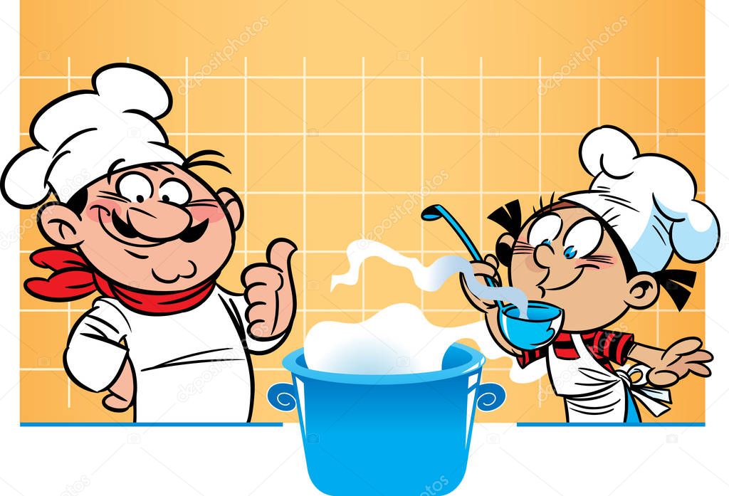The vector illustration shows a male chef and student who he teaches to cook.