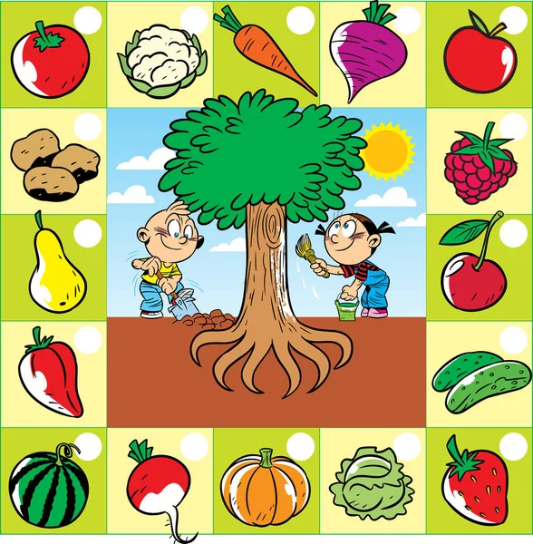 Crianças trabalham no jardim, um conjunto de frutas e legumes —  Vetores de Stock